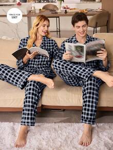 CoupledUp Plaid Print Bubble Wrinkle Men's Long Sleeve Cardigan And Pants Pajama Set Matching Couple Pajama Set Gingham Pajama Set Men Pjs Set - Blue - View 5