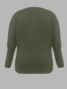 SHEIN LUNE Women's Plus Size Casual Solid Color Crew Neck Long Sleeve Knit T-Shirt, Autumn/Winter - Army Green - View 2