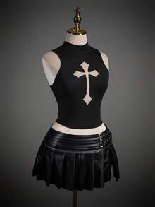 SHEIN ICON 女士修身休闲交叉网眼立领背心 - 黑色 - 查看 7