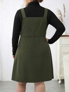EMERY ROSE Plus Size Autumn Simple Zipper Corduroy Strap Dress - Army Green - View 2