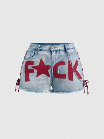 ROMWE Avant Pantaloncini di jeans mini sexy con stile da ballerina sportiva, ricamati, con lacci, in stile retrò Y2K per donne