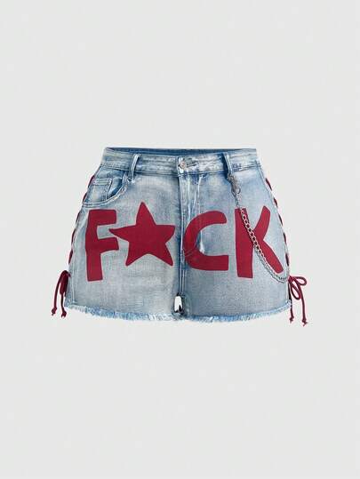 ROMWE Avant Short en jean sexy mini avec style ballet, broderie et lacets, style rétro Y2K pour femmes