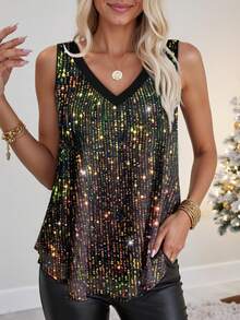 EMERY ROSE Women's Fashion Party Iridescent Sequin Sleeveless V-Neck Loose Tank Top - Multicolor - View 1