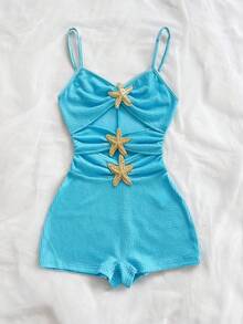 Soleia 纯色吊带无袖镂空腰部装饰纽扣连体裤，适合派对和居家穿着。 - 藍色 - 查看 4