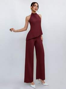 Aloruh Women's Minimalist Backless Halter Top And Long Pants Set, Suitable For Commuting, Summer - Burgundy - View 4