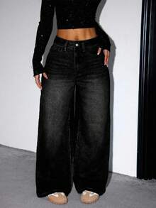SHEIN ICON 女士宽松直筒蓝色牛仔裤、阔腿女裤、宽松女裤、女士牛仔裤 - 黑色 - 查看 8
