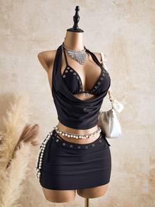 Bellisia 四件套纯色面料套装：蜗牛金属装饰镂空露脐上衣、配套系带丁字裤、镂空紧身迷你裙，性感沙滩度假比基尼套装（女士款） - 黑色 - 查看 2