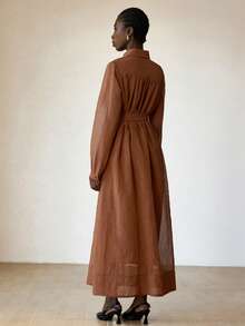 Aveloria Modichic Pleated Front Casual Chic Versatile Slim Fit French Style Long Dress - Brown - View 2
