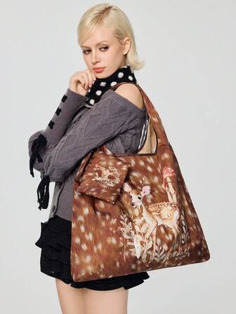 Fairycore Bolso de tela plegable de gran capacidad con estampado de dibujos animados y monedero