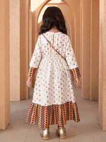 SHEIN Young Girls' Dress, Featuring Beige Base Fabric With Golden Polka Dots, Colorful Geometric Floral Panels On Bodice, Hem And Cuffs, Decorated With Colorful Tassels At Waist, Matching Printed Pouch, Suitable For Festivals And Cultural Events, Lightweight Fabric For Spring/Summer/Autumn