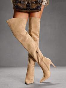 CUCCOO SZL 女士尖头侧拉链设计时尚百搭高跟过膝长靴 - 杏色 - 查看 1