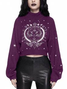 ROMWE High Neck Dark Gothic Black Mysterious Cat Embroidery Pullover Sweater - Red Plum - View 2
