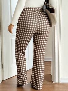 Lounesse 大码喇叭格纹修身优雅裤 办公室工作格纹裤 棕色格子裤 女士方格裤 休闲女装 - 彩色 - 查看 2