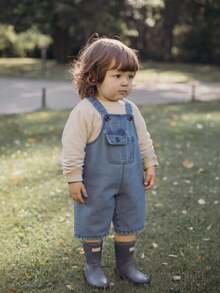 Vintaside Kids Baby Boy Washed Denim Bib Pants, Casual For Autumn - Medium Wash - View 9