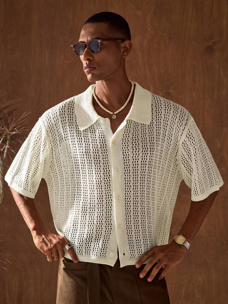 AKNOTIC Men's Solid Color Short Sleeve Hollow Out Knit Top Men S Resort Wear Fishnet Shirt Men Men S Mesh Shirt Open Knit Shirt Men Men S Crochet Shirt Collared Shirt Men Men Open Knit Shirt Men Short Sleeve Shirt Men Mesh Shirt Men Crochet Shirt