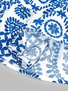 Emery Rose Kids Emery Rose Kids Young Girl Blue Totem Print Detachable Bow Decor Dress, Fashionable Design Suitable For Outdoor Vacation Blue And White Floral Dress Girls Open Back Dress For Kids Twirl Dress Girls Tween Blue And White Dress