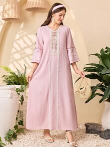 SHEIN Teen Girl Pastel Pink Autumn Casual Vacation Lace Trim V-Neck Loose Maxi Dress,Embroidered Mesh Long Sleeve Wavy Fabric Muslim Abaya Dress For School - Pink - View 8