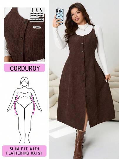 Solflare 新款休闲连衣裙，适合外出、日常休闲、聚会、通勤、返校、约会、居家、生日派对等多种场合。特色包括：细肩带、金属扣装饰、前襟纽扣装饰、收腰设计、保暖舒适、酒红色、灯芯绒面料、棕色、中长款、大码尺码。