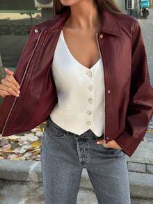 SHEIN TRNDY Women's Retro Lapel PU Leather Jacket, Casual Commuter Coat For Autumn/Winter - Burgundy - View 8