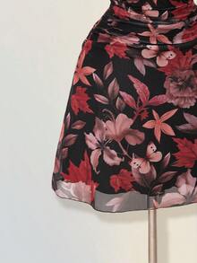 SHEIN ICON 女士复古枫叶印花褶皱迷你连衣裙，适合夏季度假和开学季 - 彩色 - 查看 8