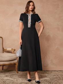 Enchnt 撞色复古方领短袖蝴蝶结装饰优雅连衣裙 - 黑色 - 查看 5