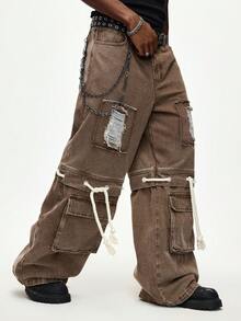 ROMWE MEN Street Life Men's Brown Distressed Lace-Up Straight Leg Jeans - Brown - View 1