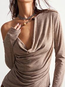 Bohemela BOHO Asymmetric Collar Solid Color Knit Long Sleeve T-Shirt For Women, Suitable For Winter, Christmas, New Year Party