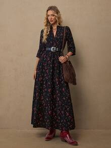 Freevana 女士度假黑色碎花衬衫裙，宽松七分袖连衣裙，休闲秋冬连衣裙