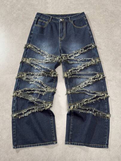 Street Life Jeans anchos de pierna ancha con borde crudo de moda casual para hombres