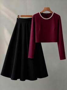 Franclia 女士仿珍珠细节红色长袖上衣和黑色半裙优雅套装 - 彩色 - 查看 6