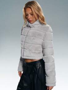 TRNVIE Zip Up Crop Teddy Jacket Black Fur Jacketplush Jacketcropped Jacketcrop Jacketcrop Jackets For Women - Light Grey - View 5