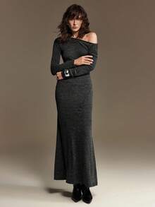 Ontre 2026SS Women's Long Dress, Party & Vacation Dress, Women's Super Long Dress, Advanced Minimalist Design Versatile Daily Wear, Dark Gray, Soft Knit Fabric, U-Neck, Fitted Silhouette, Waist Cinched, Elegant & Simple, Women's Extra Long Dress, Business Casual, Commute, Daily Wear, Spring/Summer, Korean Style, Design, Vacation Party, Wedding Guest Attire, Fashionable Versatile Women's Dress - Dark Grey - View 8