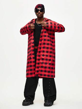 Herren Streetstyle Schwarz & Rot karierte Langarm Kapuzenjacke