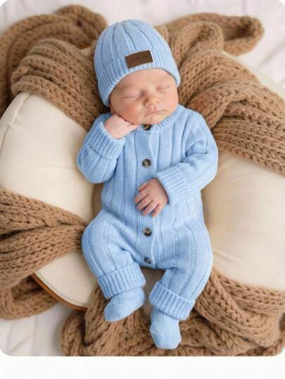 SHEIN Conjunto de pelele de punto con pies y gorro para bebé recién nacida, versátil para otoño/invierno