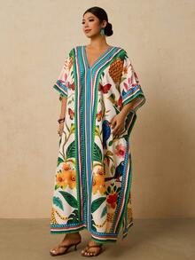 Travachic Đầm Kaftan họa tiết hình học cổ chữ V tay cánh dơi dáng rộng thoải mái cho nữ đi nghỉ mát cỡ lớn - Nhiều màu - Xem 3