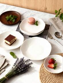 4pcs 8-Inch Wavy Rim Ceramic Salad Plates, Solid White Minimalist Style, Suitable For Home Dining, Easy To Clean And Stack - White - View 8