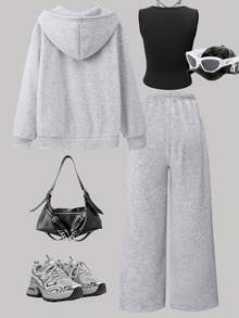 SHEIN ChillGRL 3pcs Set: Teenage Girls' Fashion Versatile Hooded Long Sleeve Jacket, Knit Fabric Letter Graphic Zip-Up Sweatshirt + Solid Black Simple Style Tank Top + Elastic Waist Straight Pants, Girls' Casual Autumn Outfit