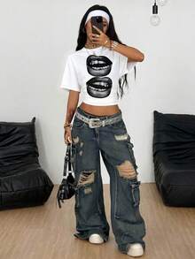 Coolane Women's Fashionable Lip Print Fitted Cropped T-Shirt, Summer,Graphic Tees - White - View 5