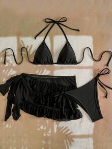 EgrlEra 女士纯色蛋糕裙露背吊带性感比基尼三件套，沙滩度假 - 黑色 - 查看 5