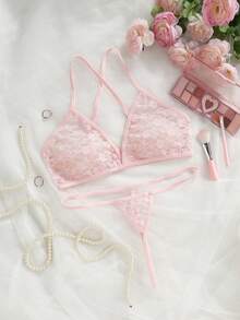 Conjunto de lencería con top corto con tirantes finos y espalda descubierta con cruce y tanga para mujer - Rosa - Ver 1