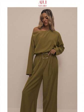 ATUI Studio Minimalist Loose Fit Oblique Shoulder Long Sleeve Top And Straight Leg Pants Set