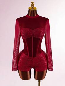 Amplova Women's Lace Contrast Mesh Sheer Bodysuit, Sexy Backless Design Suitable For Dates, Valentine's Day, Fishbone Tape Waist Shaping Accentuates Body Curves - Burgundy - View 9