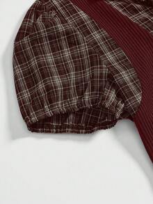 ROMWE Vintage Gothic Plaid Patchwork 2 In 1 Women Top, Back To School - Burgundy - View 3