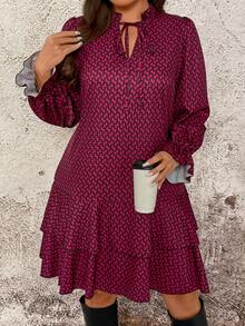 Breezaya Plus Size Women Geometric Print Ruffle Hem Long Sleeve Casual Swing Dress Lantern Sleeve Dress Patterned Dress - Burgundy - View 7