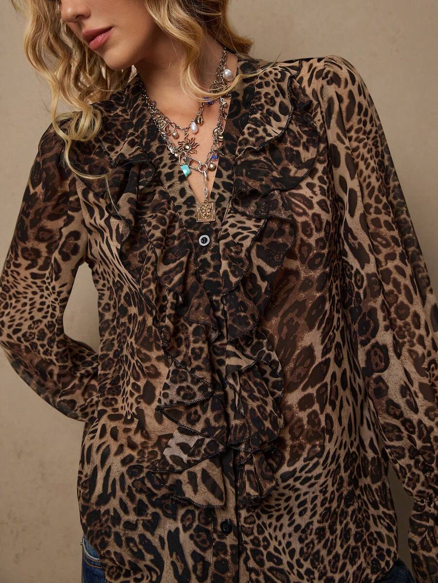 Freevana Women's Chiffon Printed Long Sleeve Shirt, Vacation Wear Leopard Print Ruffle Hem Blouse - Khaki - View 1