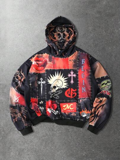 Felpa con cappuccio casual e versatile con stampa anime, modello ampio da uomo