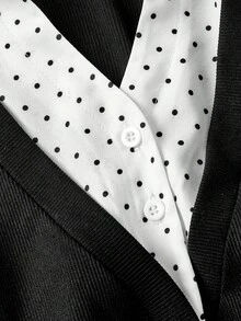 SHEIN MOD 撞色波点V领中袖翻领女士休闲商务学院风上衣，配腰带，休闲女装，波点上衣，黑白上衣，两用上衣，外出上衣 - 黑與白 - 查看 5