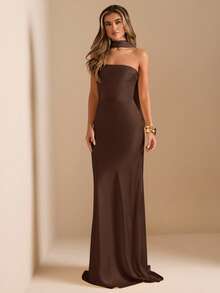 SHEIN BAE 优雅无肩带露背连衣裙，配腰带，性感纯色奶油黄色正式礼服，适合派对、鸡尾酒会、婚礼、生日、伴娘等场合 - 咖啡棕 - 查看 4