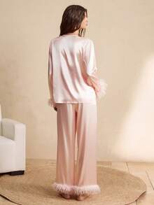 EverLounge Conjunto de pijama de mujer con estampado de retazos, elegante y vintage, suave y cómodo como la seda, con flecos - Rosa - Ver 2