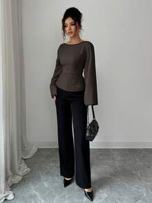 Siren Gaze 女士优雅后腰系带长袖衬衫，适合秋季通勤 - 棕色 - 查看 3